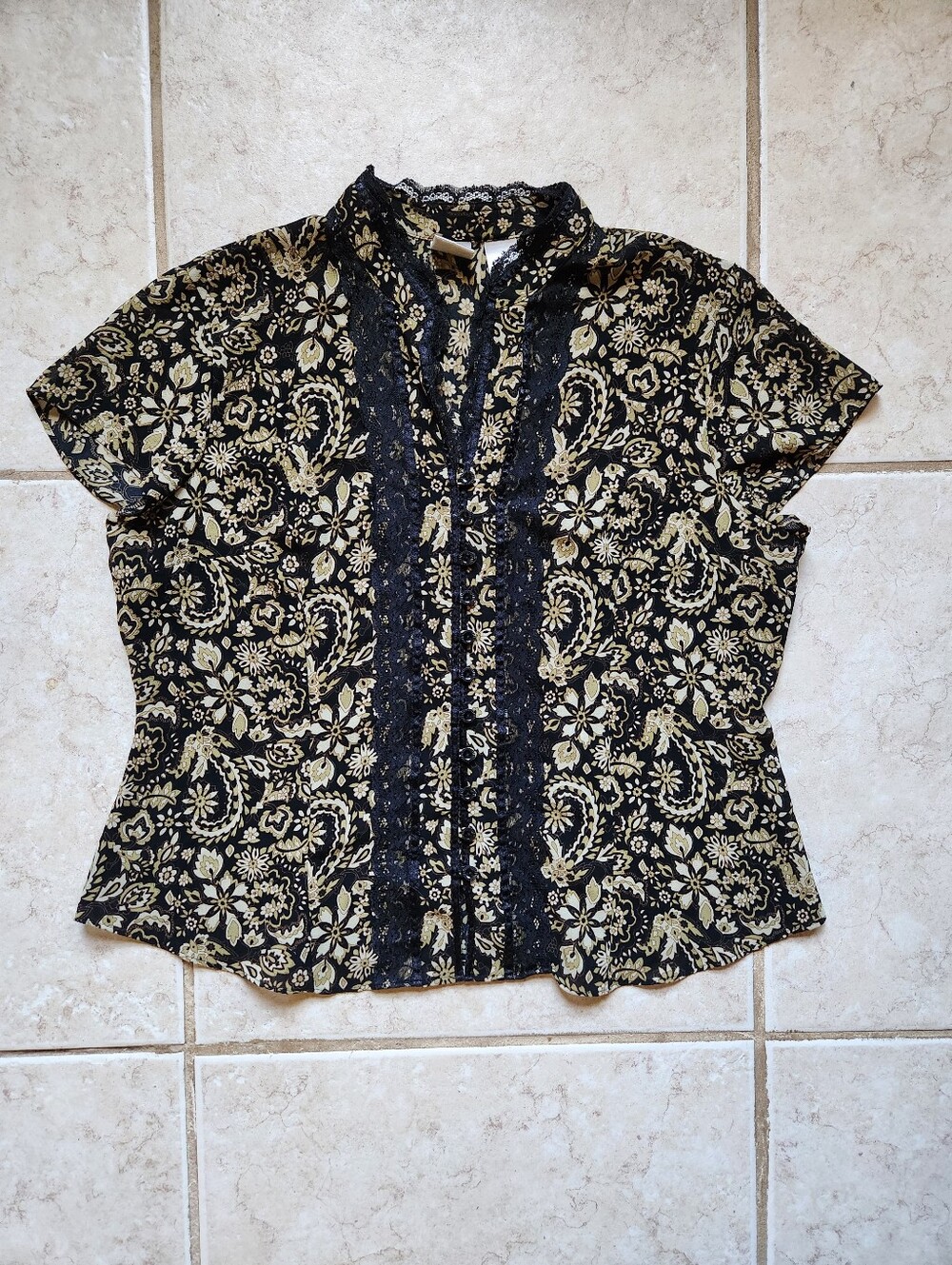 Emma James Paisley Lace Trim Button Up Blouse Top 16 Black Olive Y2K